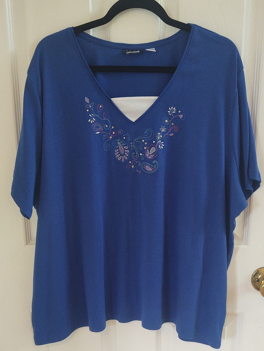 Basic Editions Blue V-Neck Tunic with Embroidered Neckline - 3X